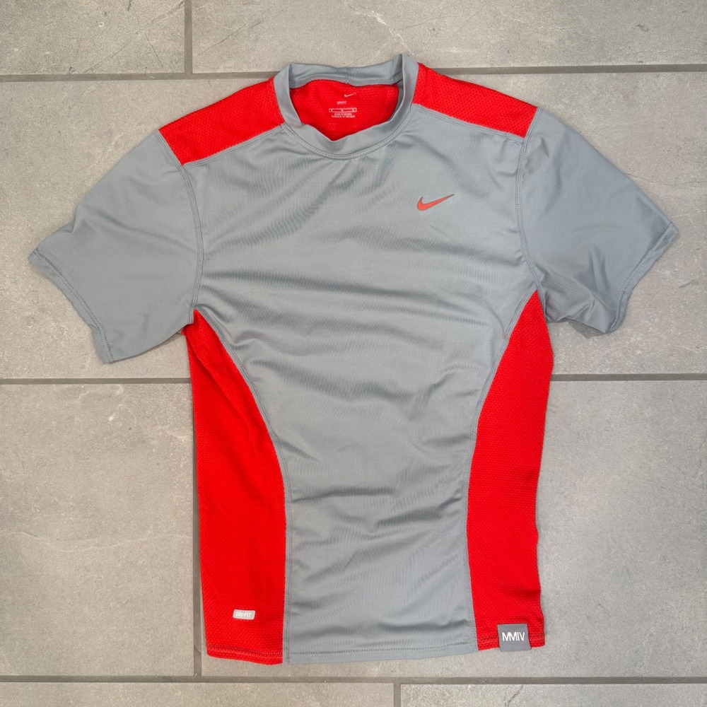 Nike Dri-FIT Mens Medium Grey Red Short Sleeve Training Shirt MMIV Workout Tee